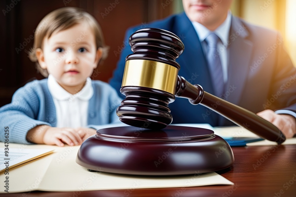 Close-Up Detail of Judge's Gavel Highlighting Importance of Children's Welfare in Family Court with Child in Background Close-Up Detail of Judge's Gavel Highlighting Importance of Children's Welfare in Family Court with Child in Background