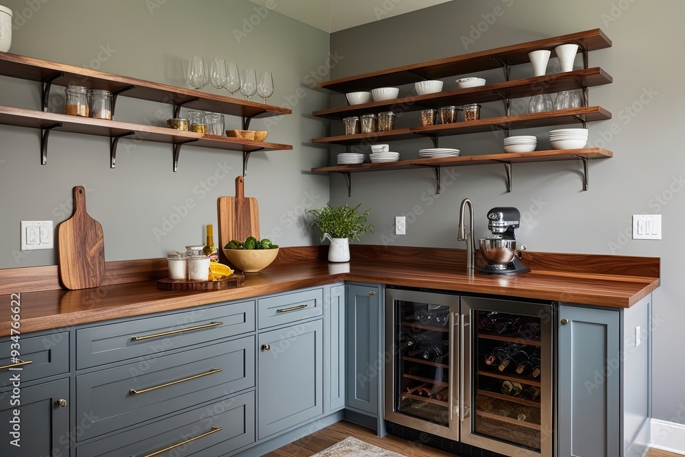 Fototapeta premium Culinary Station Featuring Polished Wood Countertop and Curated Shelf against Soft Gray Background