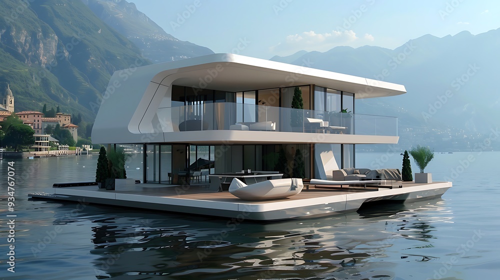 modern houseboat is docked on a lake, showcasing a contemporary design and luxurious features. The houseboat offers stunning views of the surrounding mountains and water. modern houseboat is docked on a lake, showcasing a contemporary design and luxurious features. The houseboat offers stunning views of the surrounding mountains and water.