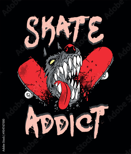 Creative and dynamic illustration of a dog's head biting a skateboard. Radical art in cartoon style. Design for printing on t-shirts, posters, etc.