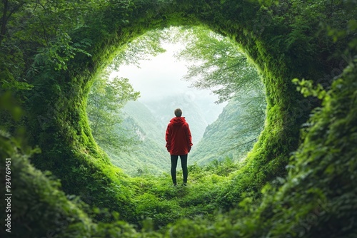 A person in a red jacket stands in a lush, circular opening in the forest, gazing at the vast, misty landscape beyond. photo