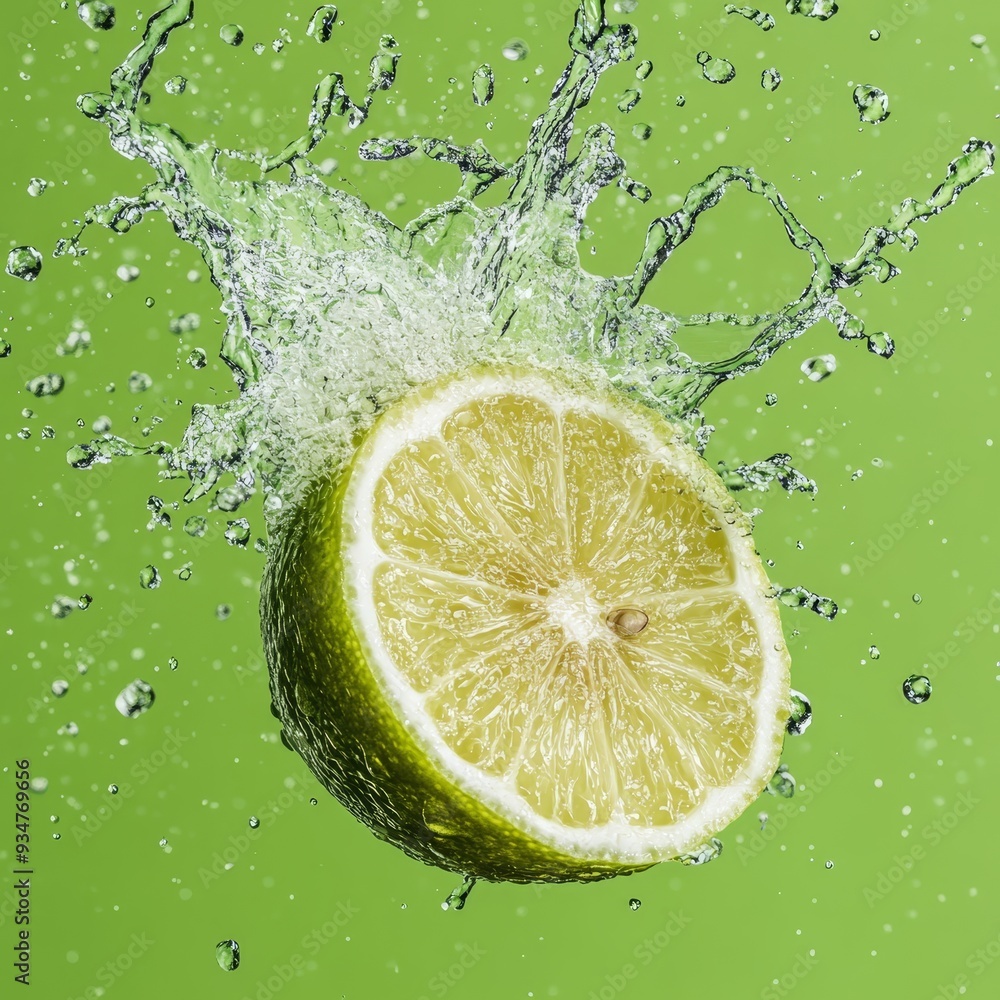 Fresh Lime Splashing in Water on Green Background Fresh Lime Splashing in Water on Green Background