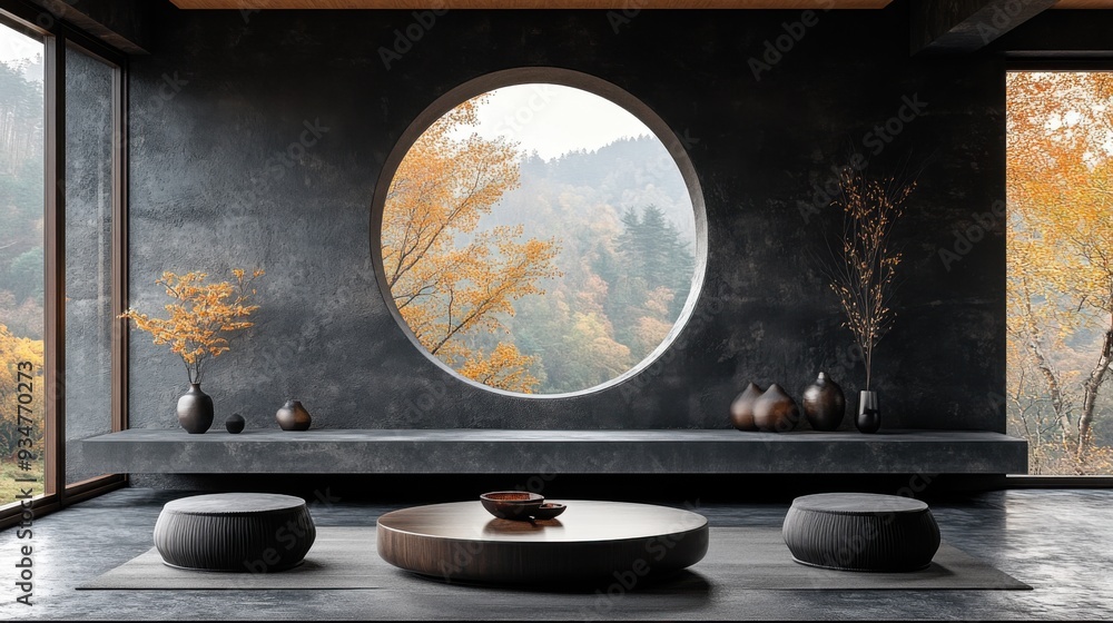 Fototapeta premium Modern interior with circular window and autumn view.
