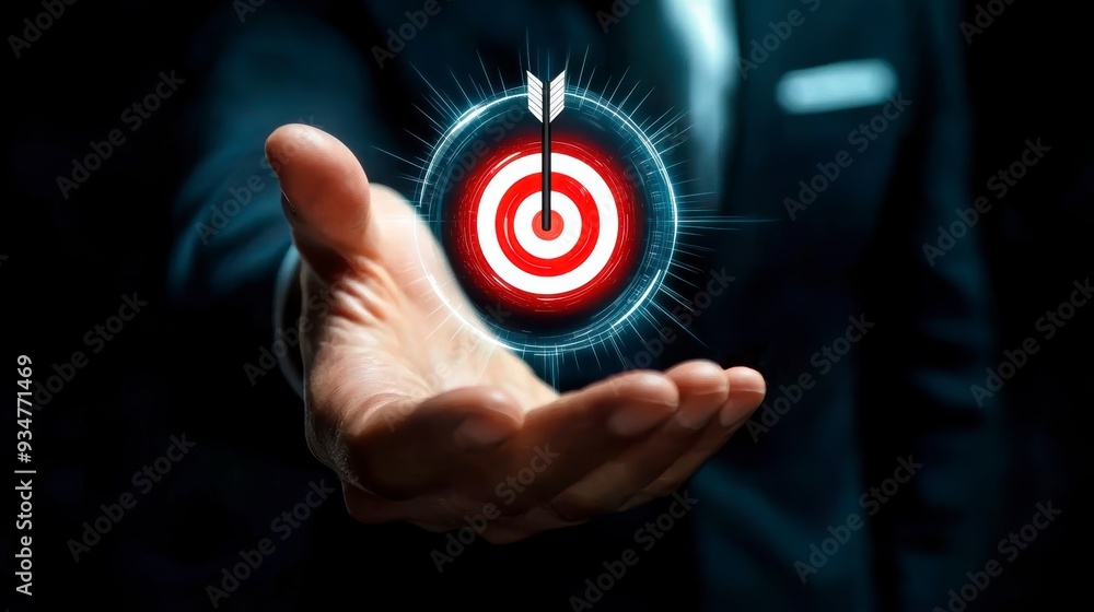 Businessman holding a target with an arrow, symbolizing success and achieving goals in digital marketing Businessman holding a target with an arrow, symbolizing success and achieving goals in digital marketing