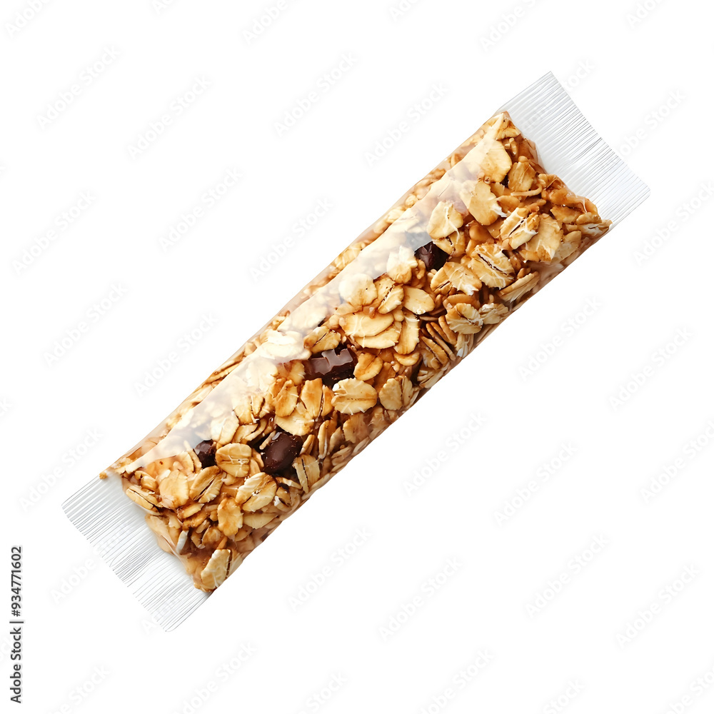 Granola Bar Wrapped in Packaging on Plain White Background Granola Bar Wrapped in Packaging on Plain White Background