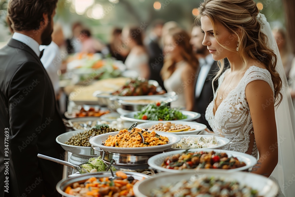 Elegant Wedding Buffet Featuring Diverse Culinary Dishes Under Soft Evening Lighting Elegant Wedding Buffet Featuring Diverse Culinary Dishes Under Soft Evening Lighting