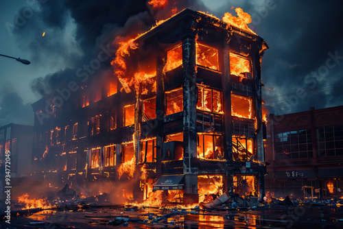 Dramatic scene of a burning building at night with fierce flames engulfing the structure in an urban disaster scenario photo