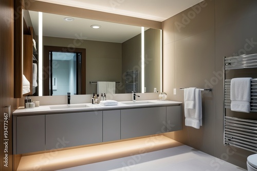 Wallpaper Mural Modern Bathroom Design Featuring Serene Elegance with Stylish Vanity Advanced Mirror and Neatly Organized Toiletries in a Tranquil Space Torontodigital.ca