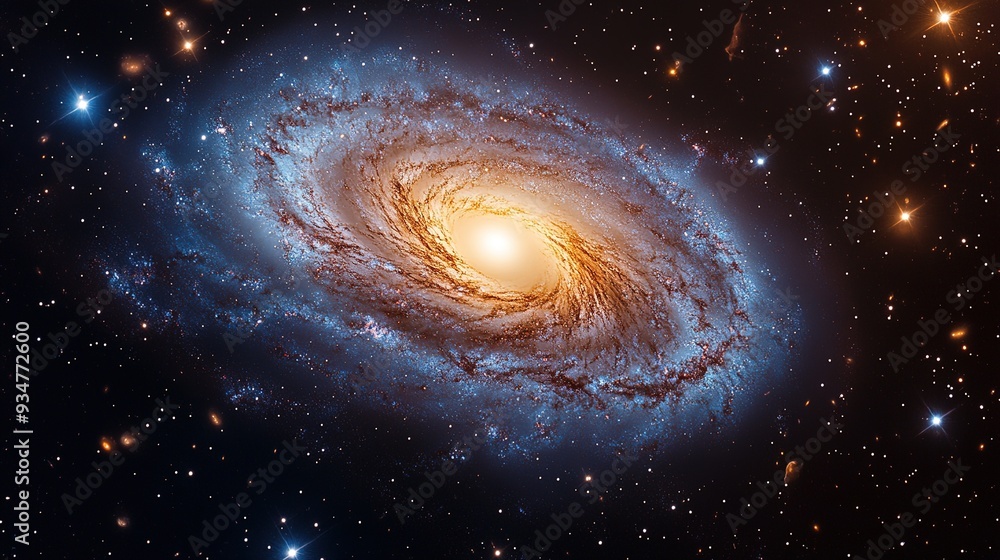 Fototapeta premium Stunning Spiral Galaxy in Space, Centered with White Arms and Glowing Core, Surrounded by Stars and Nebulae, a Cosmic Journey through the Milky Way's Swirling Patterns of Light and Dust Clouds.