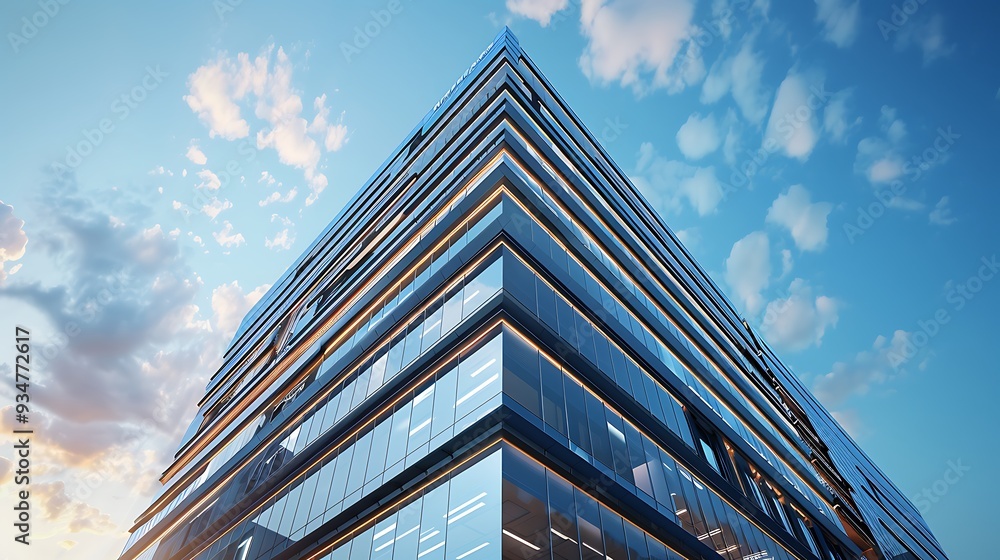 modern glass office building with a sleek design against a blue sky and clouds. The building is viewed from a low angle, giving it a towering presence.