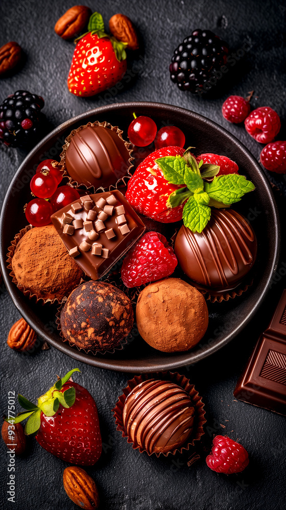 A bowl of assorted chocolates and strawberries. The strawberries are red and green
