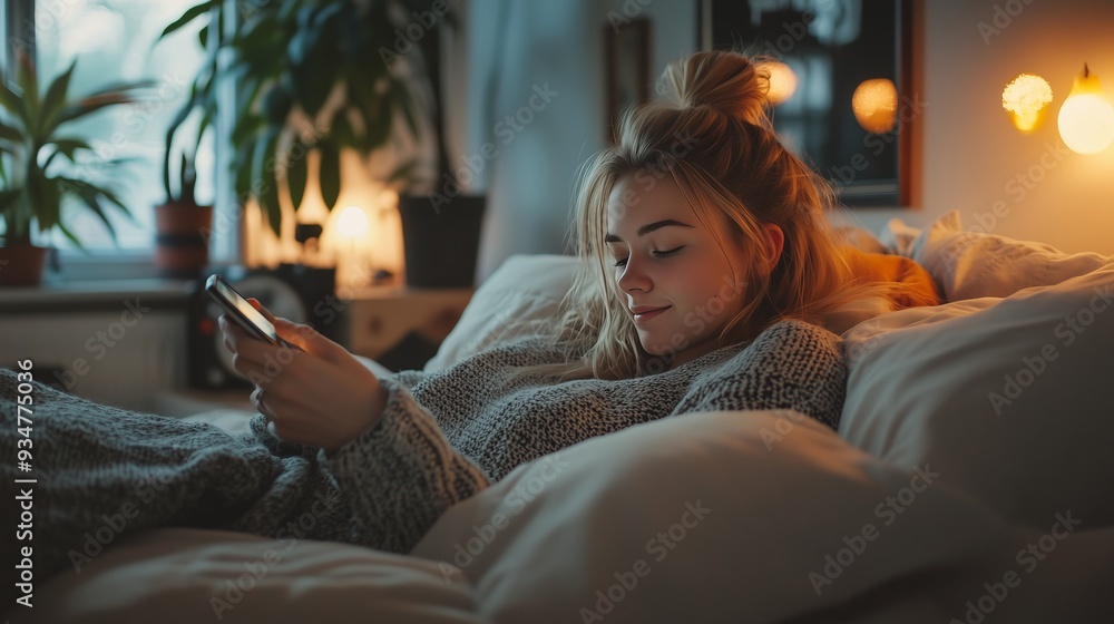A young woman relaxes in her cozy, stylish bedroom, immersed in her smartphone, radiating tranquility. A young woman relaxes in her cozy, stylish bedroom, immersed in her smartphone, radiating tranquility.