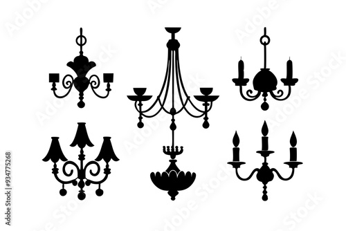 Set of chandelier icons silhouette vector art illustration	