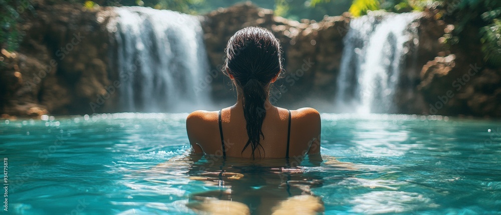 Jungle Oasis. Swimming Beneath Cascading Waterfalls Jungle Oasis. Swimming Beneath Cascading Waterfalls