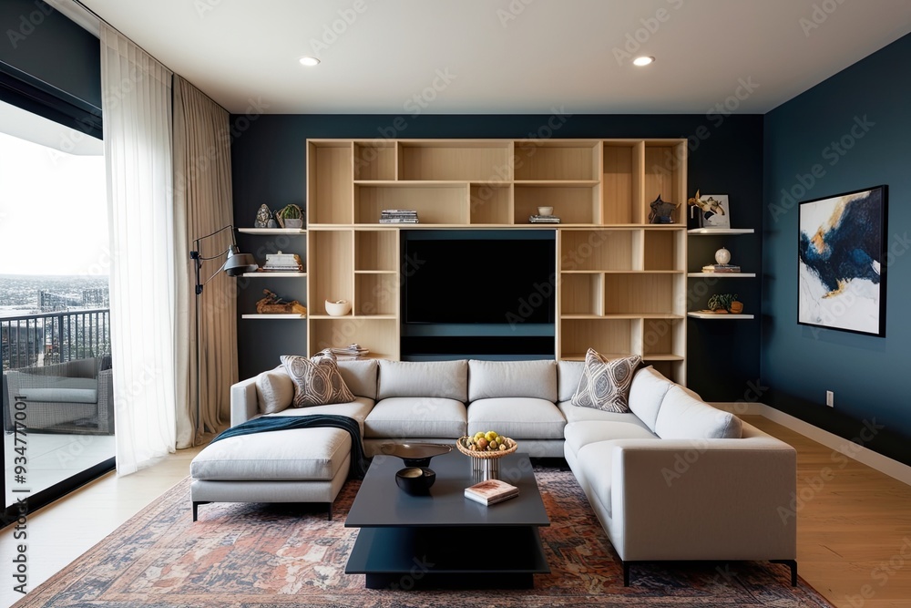 Modern Living Room Design with Spacious Shelf Areas and a Stylish Sectional Sofa Modern Living Room Design with Spacious Shelf Areas and a Stylish Sectional Sofa