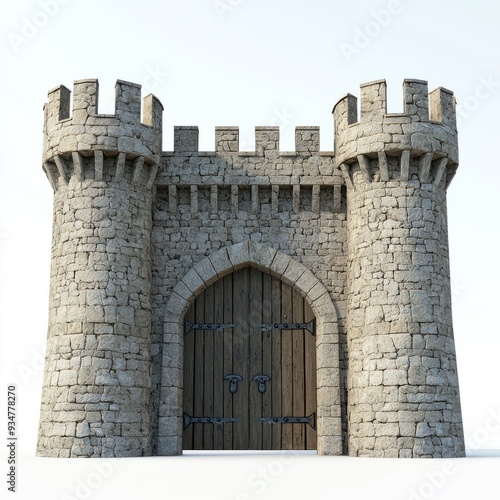 3D Render of a castle gate with battlements and arrow slits, flanked by stone guard towers, on isolated white background