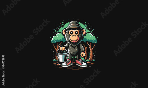 baboon holding bucket on forest vector illustration flat design