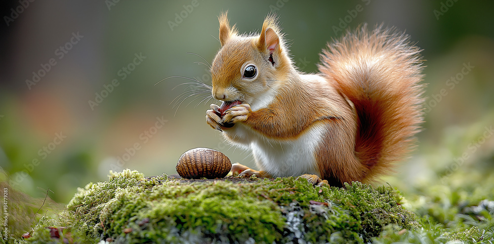 Squirrel with a nut in its paws, sitting on a mossy rock Squirrel with a nut in its paws, sitting on a mossy rock