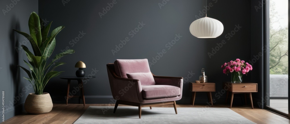 Contemporary living room featuring a sleek armchair, cushions, and bold floral decor. A chic and stylish space highlighting minimalist design with natural light. Contemporary living room featuring a sleek armchair, cushions, and bold floral decor. A chic and stylish space highlighting minimalist design with natural light.
