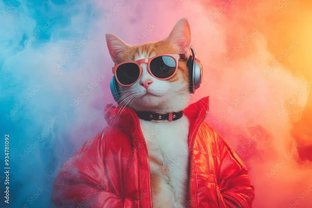 Cat wearing sunglasses and a red jacket, with headphones on Cat wearing sunglasses and a red jacket, with headphones on