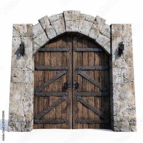 3D Render of a fortified gate with double doors made of thick oak, adorned with iron studs, on isolated white background photo