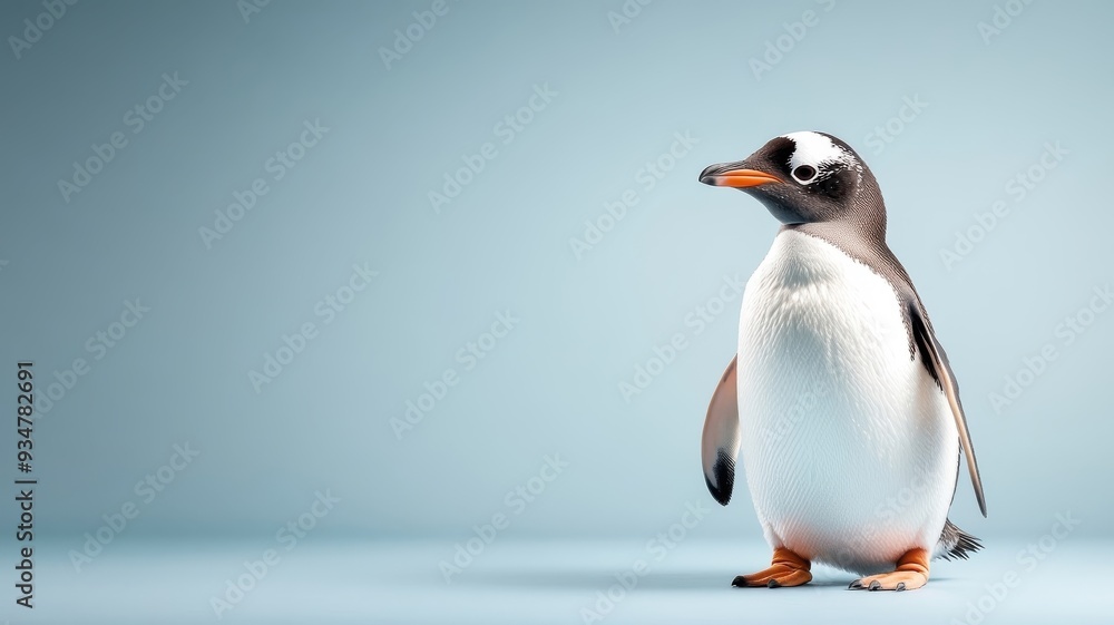 Fototapeta premium Professionally lit studio shot of a penguin, with soft lighting enhancing its sleek feathers and distinctive markings against a minimalistic backdrop.