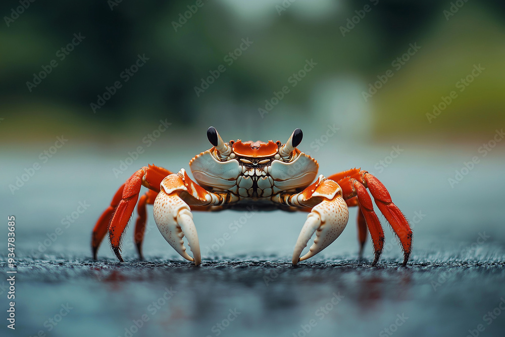 A crab with orange and white shell and red legs. It's standing on a wet surface A crab with orange and white shell and red legs. It's standing on a wet surface