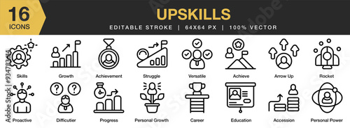 Up Skills icon set. Editable Stroke Icon Collection. Includes accession, achieve, arrow up, career, and More. Outline icons vector collection.