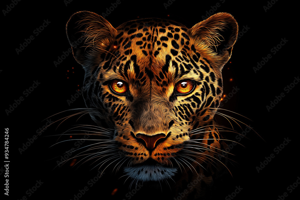 Close-up of a leopard's face with glowing yellow eyes Close-up of a leopard's face with glowing yellow eyes