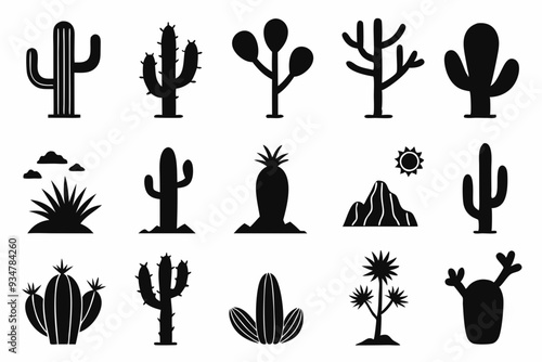 Cactus desert silhouettes set, Cactus icon vector bundle
