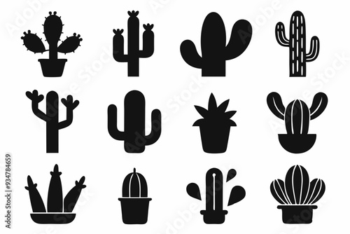 Cactus icon collection. Set of black cactus silhouette. silhouettes of different cactus icons