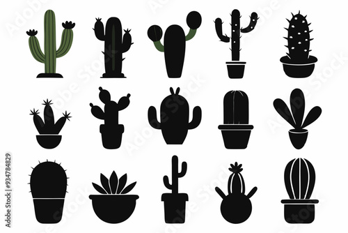 Cactus icon collection. Set of black cactus silhouette. silhouettes of different cactus icons