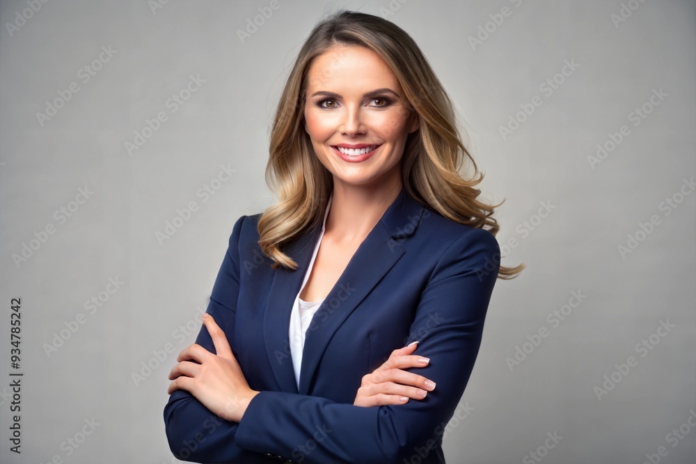 cheerful business lady dressed in casual suit smiling while crossed arms isolated on grey background cheerful business lady dressed in casual suit smiling while crossed arms isolated on grey background