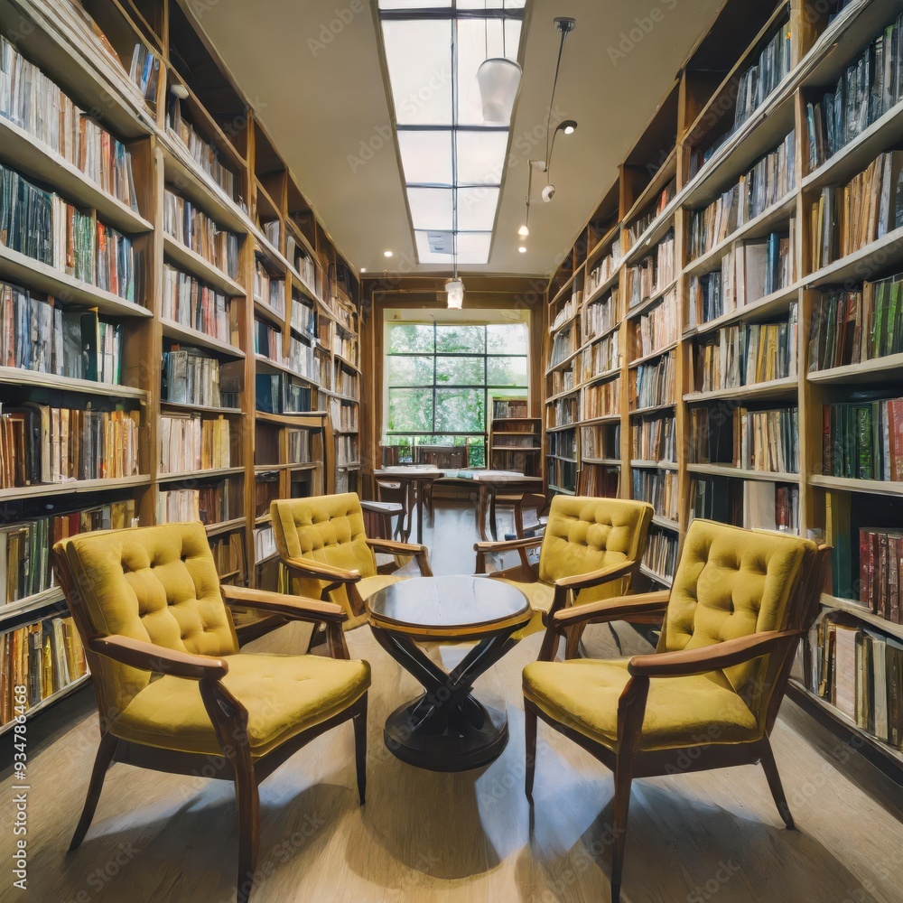 A grand library with a stained glass window and a collection of leather armchairs A grand library with a stained glass window and a collection of leather armchairs