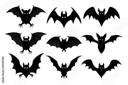 Halloween bat set. Black silhouette Halloween bat vector illustration, set of halloween bats 