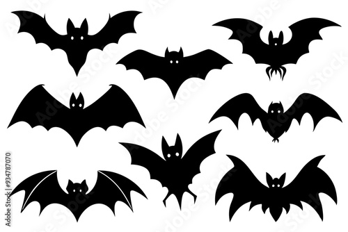 Halloween bat set. Black silhouette Halloween bat vector illustration, set of halloween bats 