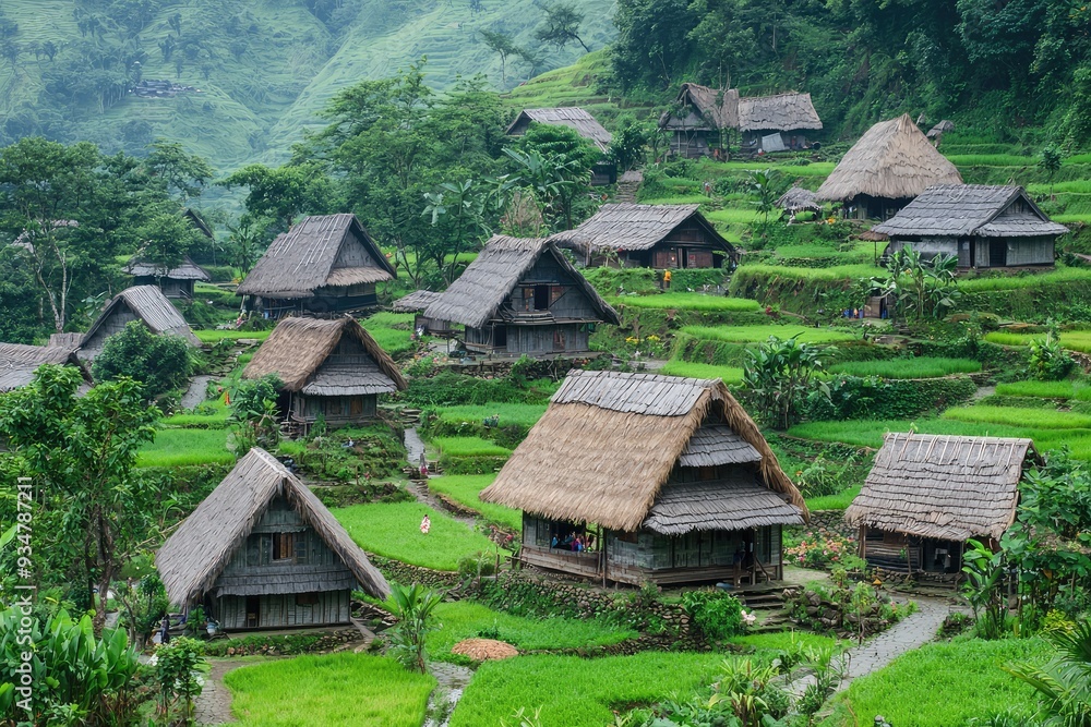 Traditional Japanese village with thatched roof houses nestled in lush green countryside Traditional Japanese village with thatched roof houses nestled in lush green countryside