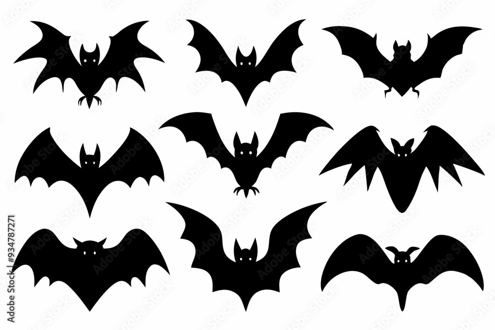 Naklejka premium Halloween bat set. Black silhouette Halloween bat vector illustration, set of halloween bats