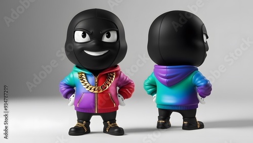 3D cool cartoon character in colorful hoodie, head and face covered, wearing gold all over. photo