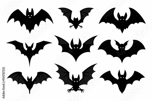 Halloween bat set. Black silhouette Halloween bat vector illustration, set of halloween bats 