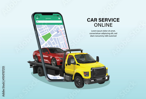 Tow truck with broken car. Roadside assistance. Transportation faults. Emergency car. Online app for evacuation service. online service. Call of the tow truck smartphone.