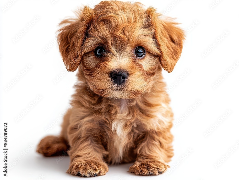 fluffy maltipoo puppy with soft curly fur in shades of cream and apricot sitting adorably on a white background big expressive eyes and a playful tilted head pose fluffy maltipoo puppy with soft curly fur in shades of cream and apricot sitting adorably on a white background big expressive eyes and a playful tilted head pose