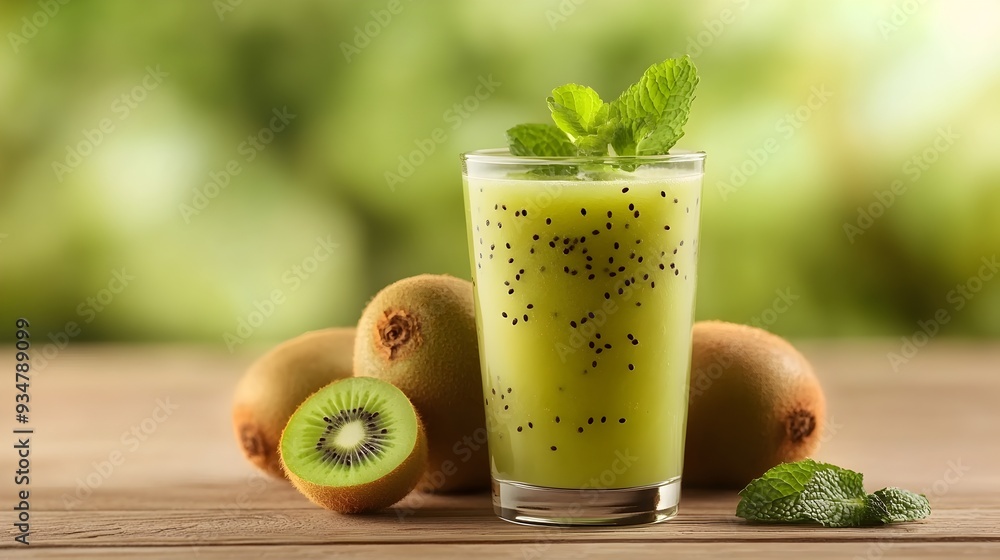 Healthy Kiwi Smoothie with Fresh Mint on Wooden Table in Natural Sunlight Healthy Kiwi Smoothie with Fresh Mint on Wooden Table in Natural Sunlight