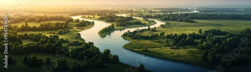 Aerial View of a Winding River Through Green Fields.