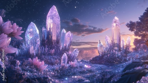 A garden of crystalized dreams, with flowers and plants made entirely of crystals, shimmering under a twilight sky.