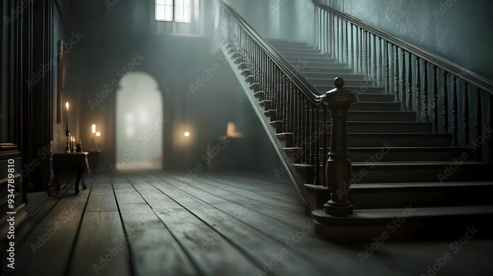 Eerie Staircase in Abandoned Haunted House with Moody Lighting and Atmospheric Fog Eerie Staircase in Abandoned Haunted House with Moody Lighting and Atmospheric Fog