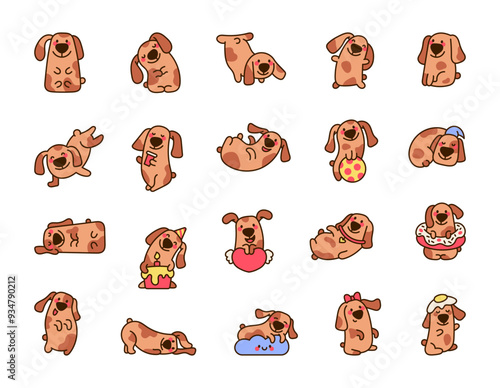Cute kawaii dog with a smiling face. Adorable cartoon character. Hand drawn style. Vector drawing. Collection of design elements.