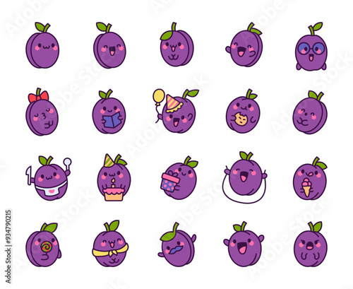 Cute kawaii plum. Adorable cartoon fruit. Hand drawn style. Vector drawing. Collection of design elements.