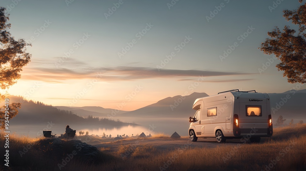 Cozy Campervan Parked Amidst Scenic Autumn Landscape at Sunset Cozy Campervan Parked Amidst Scenic Autumn Landscape at Sunset