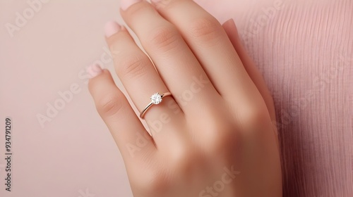 Engagement Ring Adorning a Delicate Hand Against Pink Background